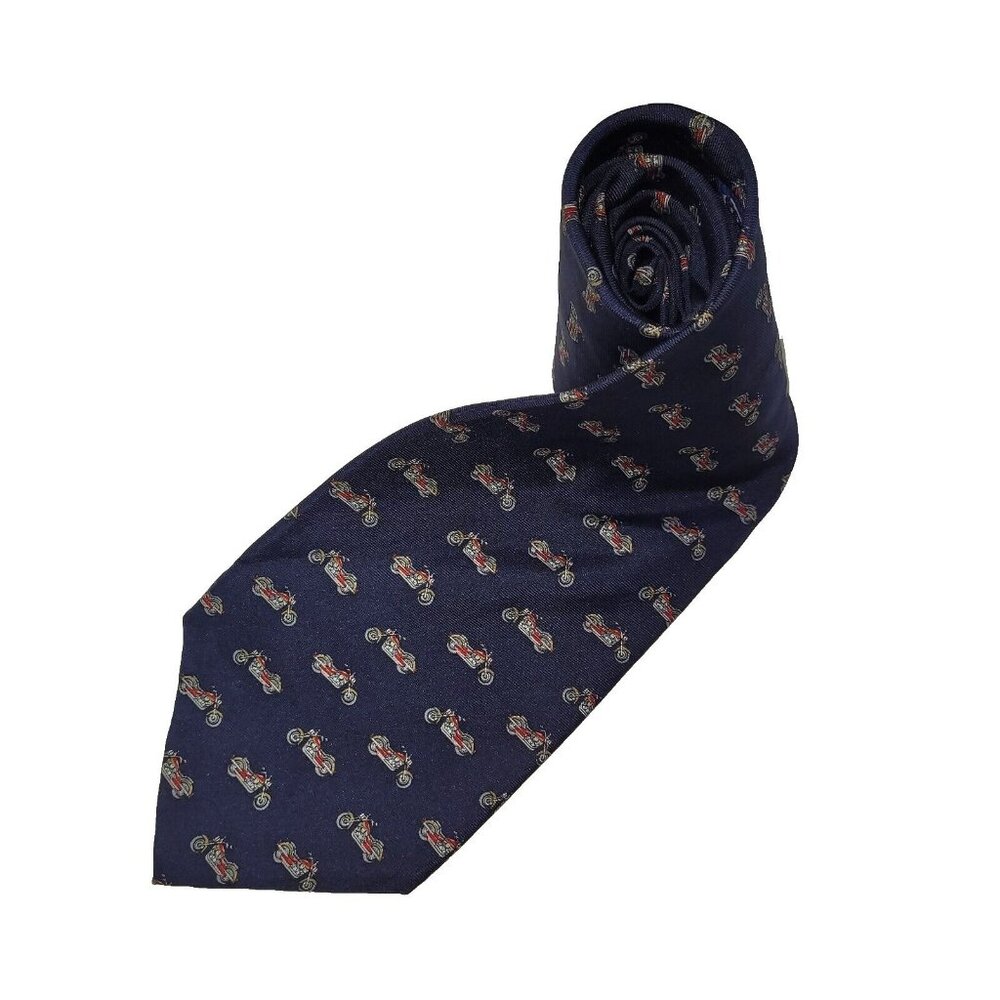 Vintage Structure Tie‎ Mens Necktie Blue Motorcycle Print Silk Handmade In USA